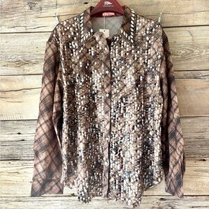NWT La Ros Sequin Button Front Blouse in Khaki Western Glam Size M/L